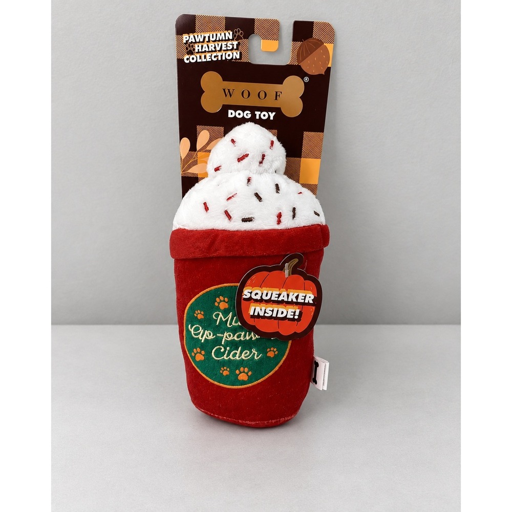 WOOF Mutt Ap-paw-le Cider Plush Squeaker Dog Toy Red Fall Cup Brand New
